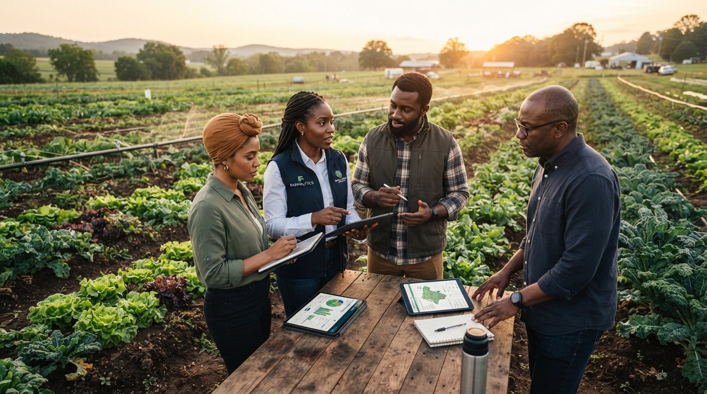 African farmers collaborating on a farm, one showing the other something on a smartphone